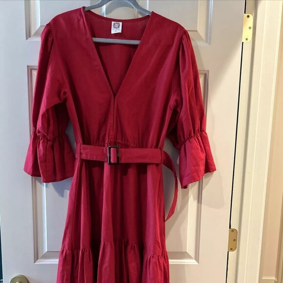 ELF ALILA Dresses & Skirts - Bali ELF Red Linen Midi Dress Short Puff Sleeve Sundress